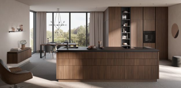 Bild einer modernen Küche in Holzoptik mit grosser Insel auf der Startseite von Mein Küchenatelier