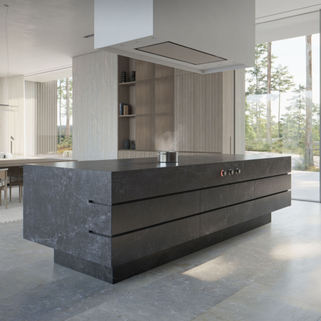 Küchen bei Mein Küchenatelier: Moderne Kochinsel von Gaggenau in dunkelgrauer Granitopik.